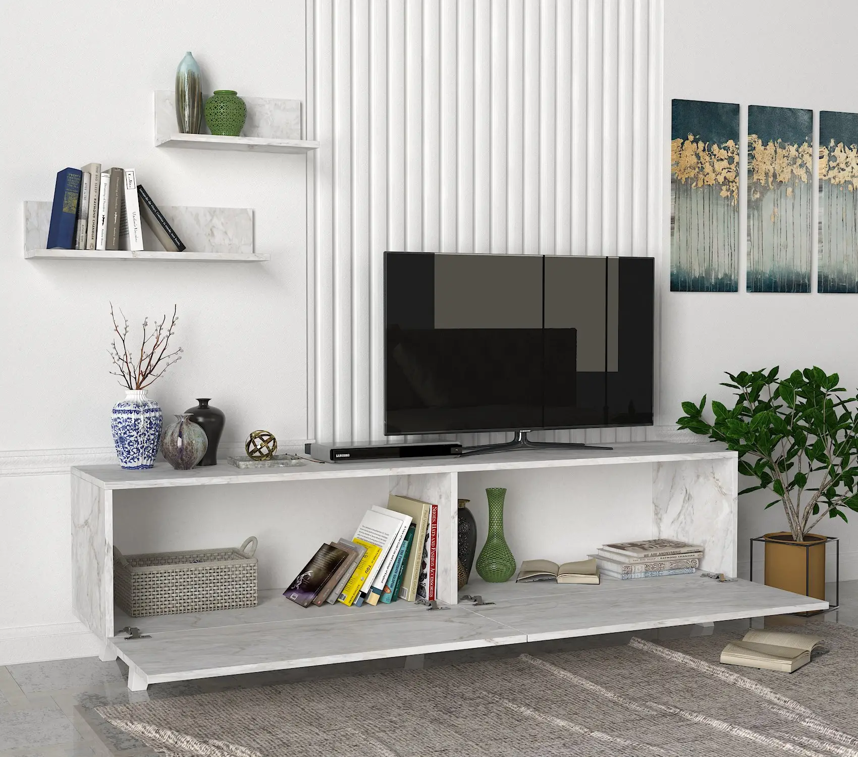 מזנון טלויזיה עם מדפים דגם גוניור- דמוי שיש לבן – תמונה 2